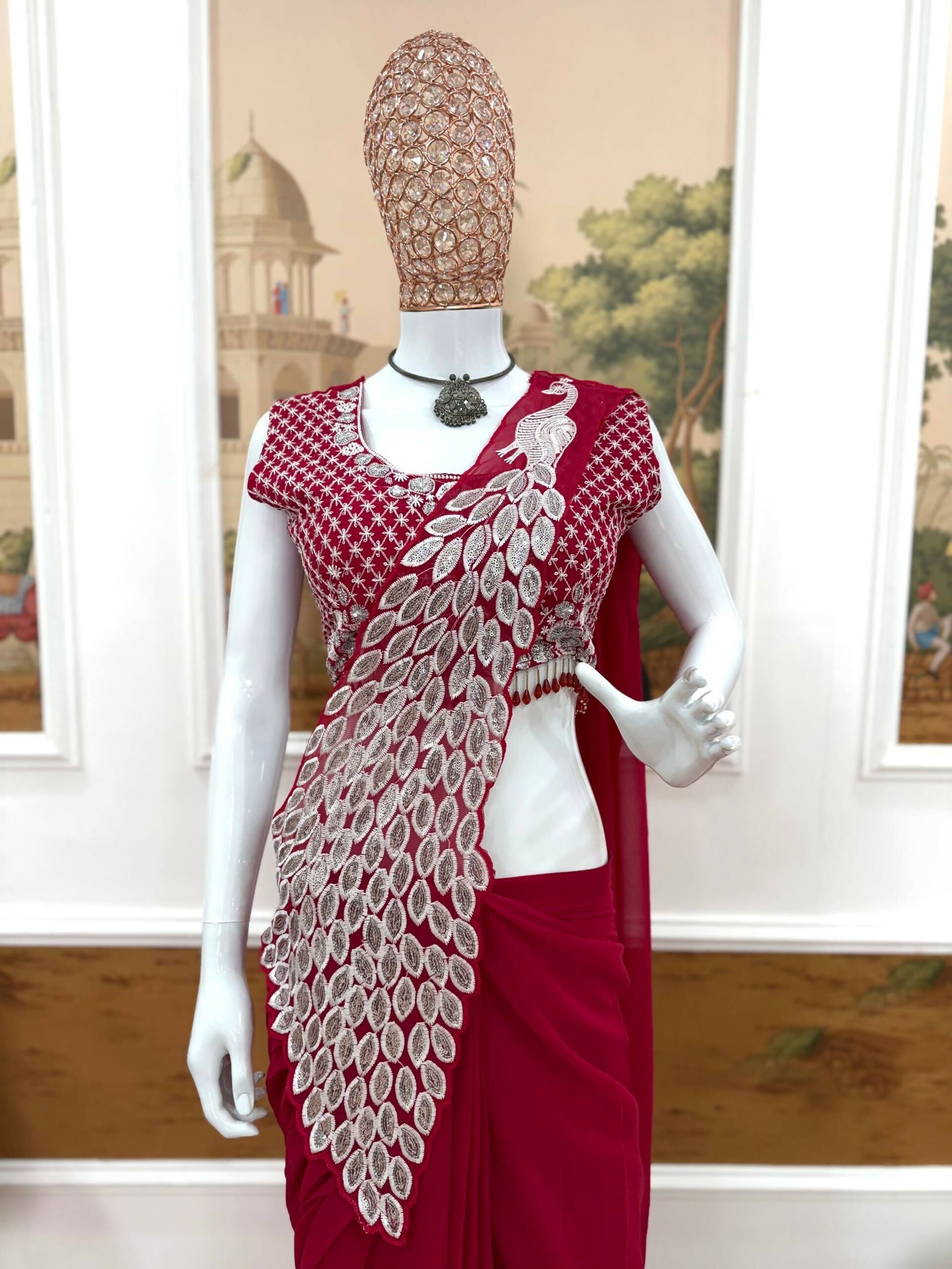 Teeya Creation Rani Color Faux Georgette Embroidery Work Party Wear Ready To Wear Saree | Grocsy