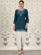 Teal Chinon Embroidered Straight Top - Zeny | Grocsy