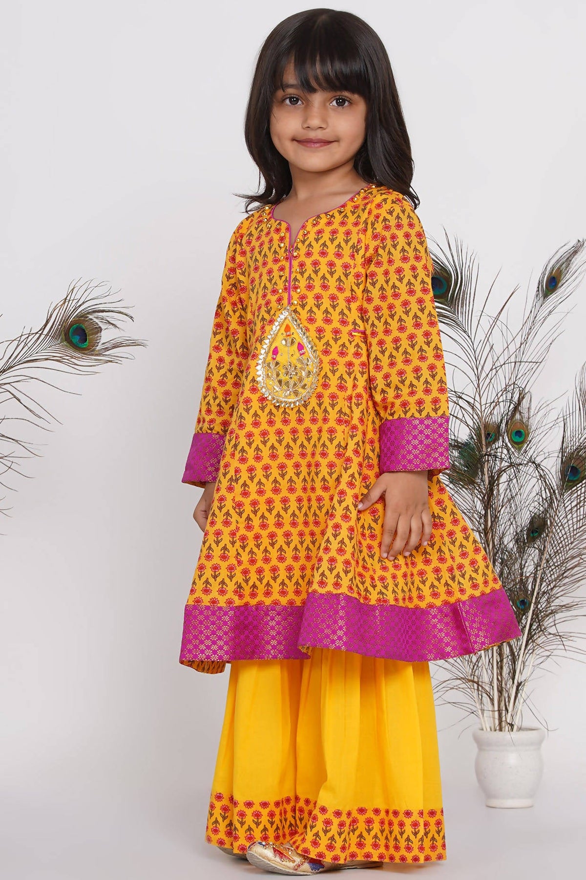 Little Bansi Girls Cotton Kurta frock with booti work,Sharara & Dupatta - Yellow | Grocsy