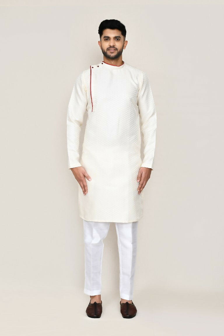 Joban Fashion Cream Colored Jacquard Fabric Kurta With Straight Fit Pant | Grocsy