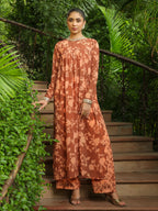 Janasya Brown Georgette Floral Kurta, Bottom & Inner | Grocsy