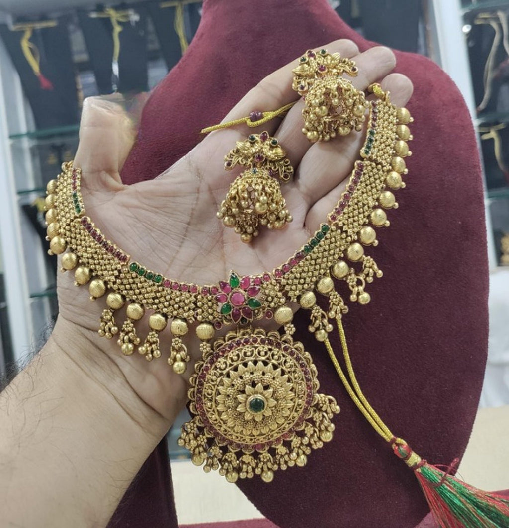 Jewel City Traditional Gold-Plated Temple Necklace Set with Jhumka Earrings for Bridal & Festive Wear | Grocsy