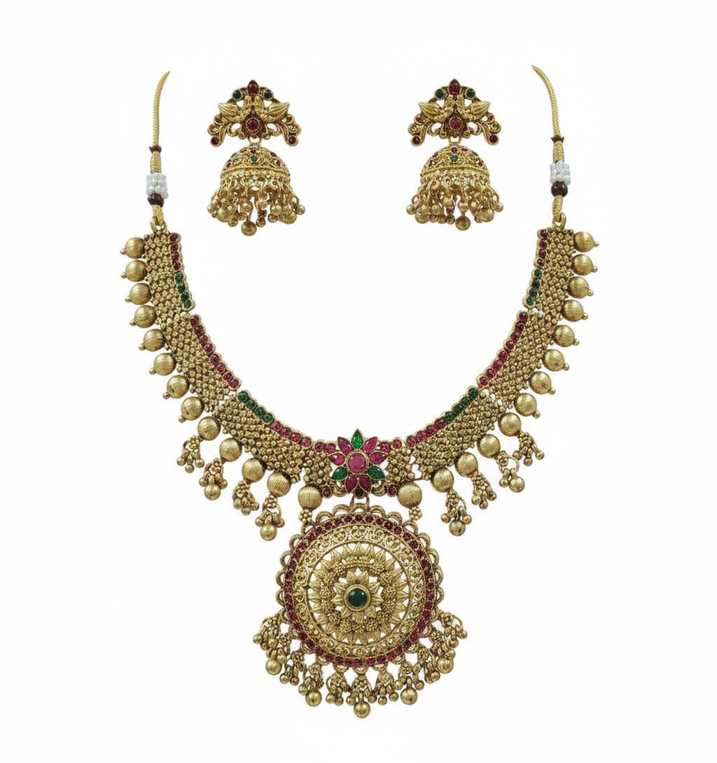 Jewel City Traditional Gold-Plated Temple Necklace Set with Jhumka Earrings for Bridal & Festive Wear | Grocsy