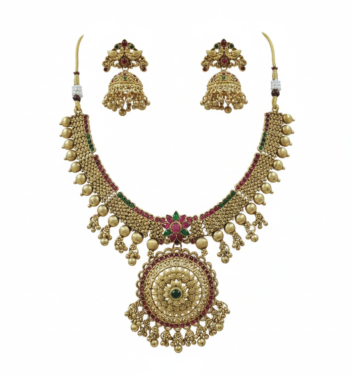 Jewel City Traditional Gold-Plated Temple Necklace Set with Jhumka Earrings for Bridal & Festive Wear | Grocsy