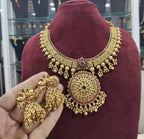 Jewel City Traditional Gold-Plated Temple Necklace Set with Jhumka Earrings for Bridal & Festive Wear | Grocsy