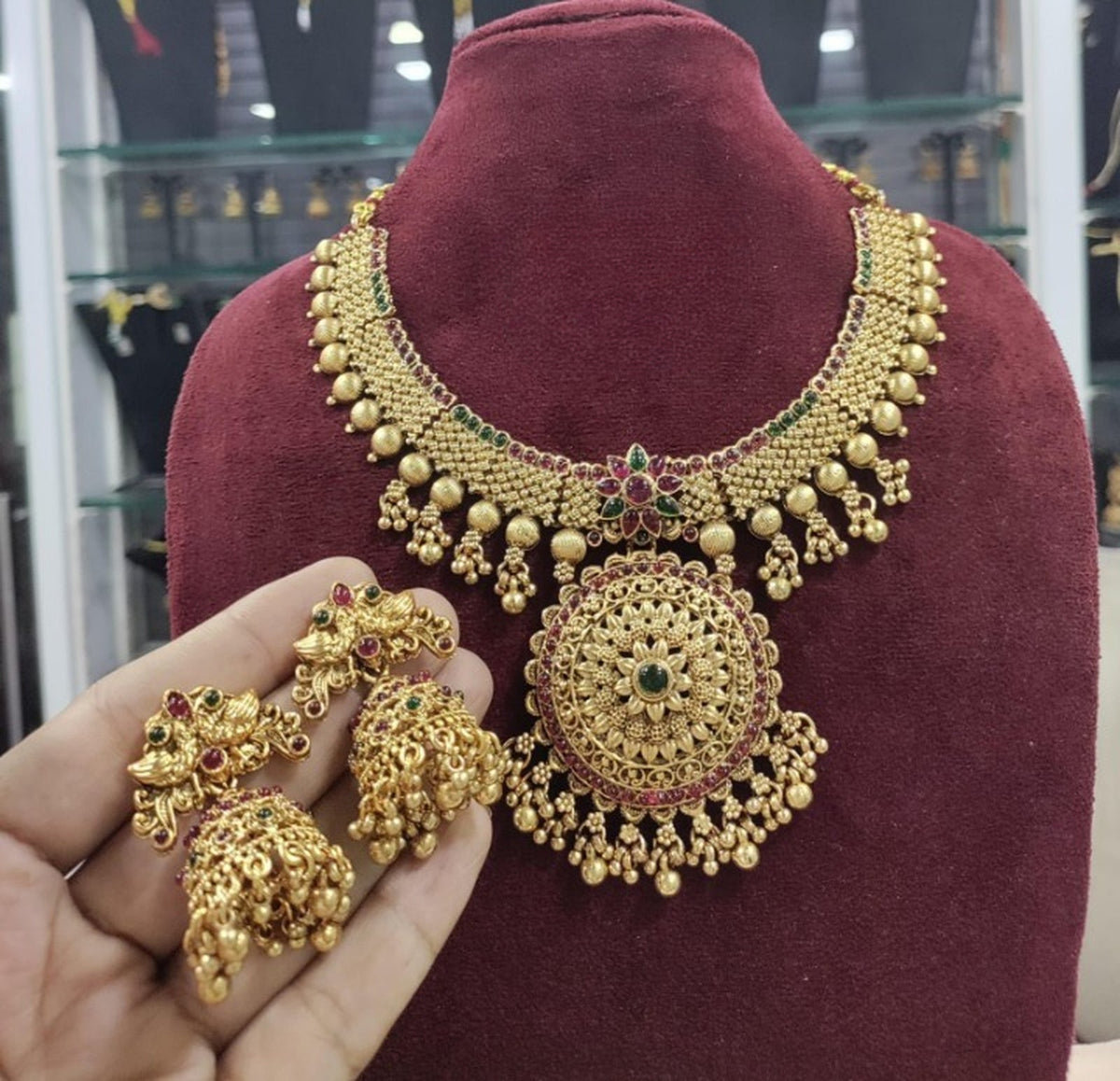 Jewel City Traditional Gold-Plated Temple Necklace Set with Jhumka Earrings for Bridal & Festive Wear | Grocsy