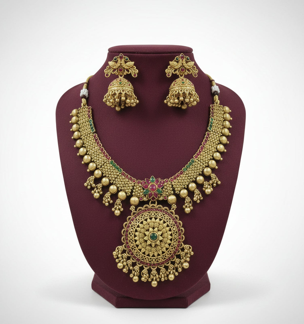 Jewel City Traditional Gold-Plated Temple Necklace Set with Jhumka Earrings for Bridal & Festive Wear | Grocsy