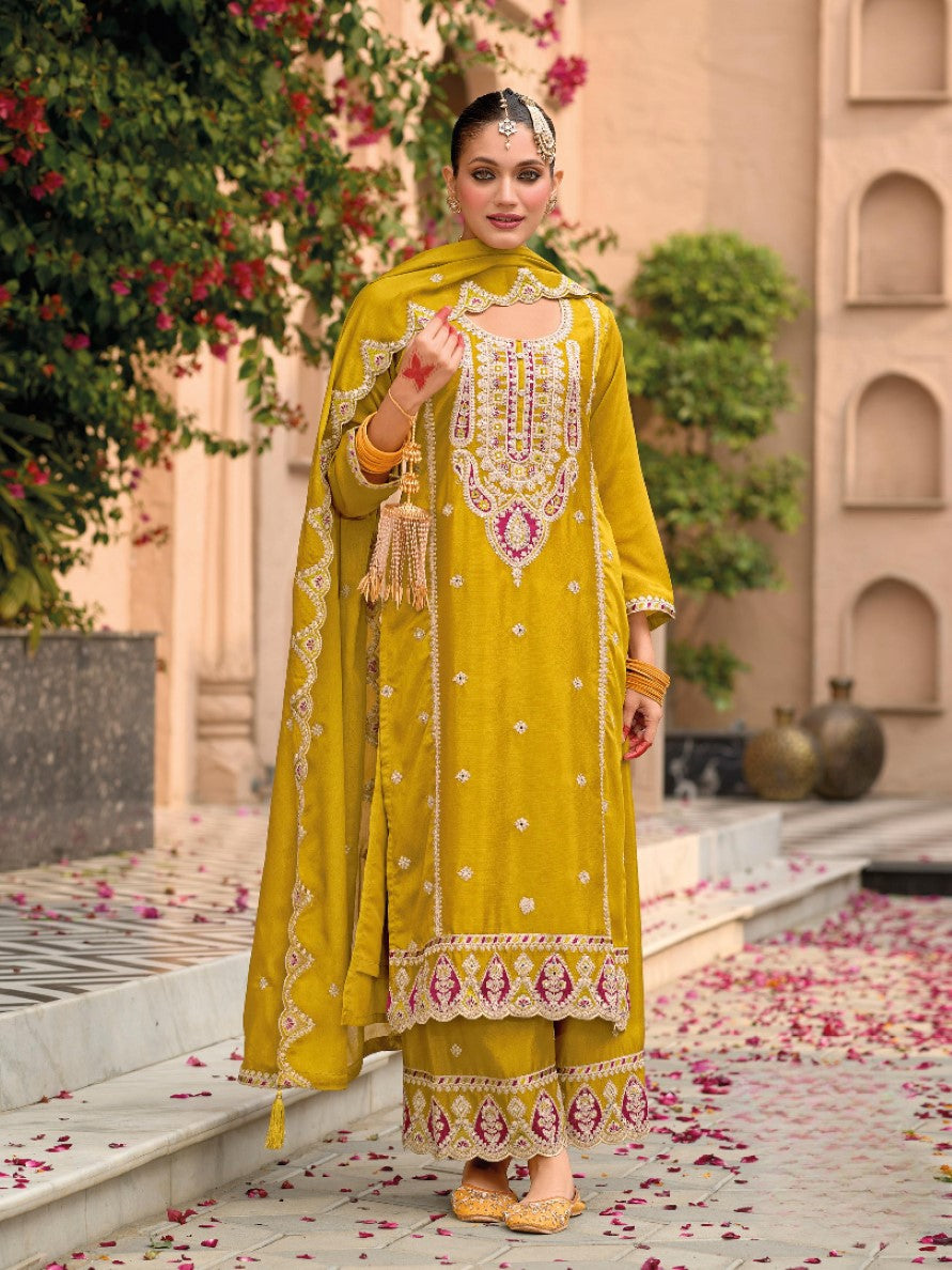 Anaita Yellow Premium Embroidered Chiffon Salwar Suit | Grocsy