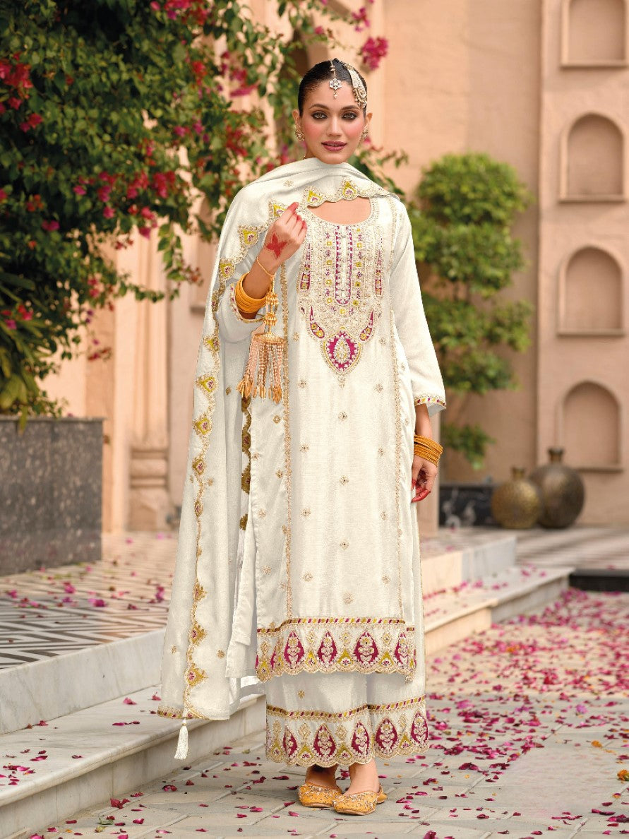 Anaita Beige Premium Embroidered Chiffon Salwar Suit | Grocsy