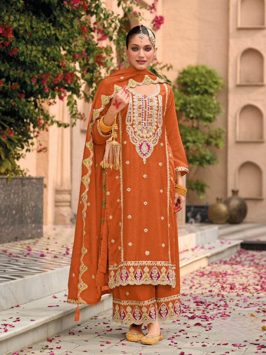 Anaita Orange Premium Embroidered Chiffon Salwar Suit | Grocsy