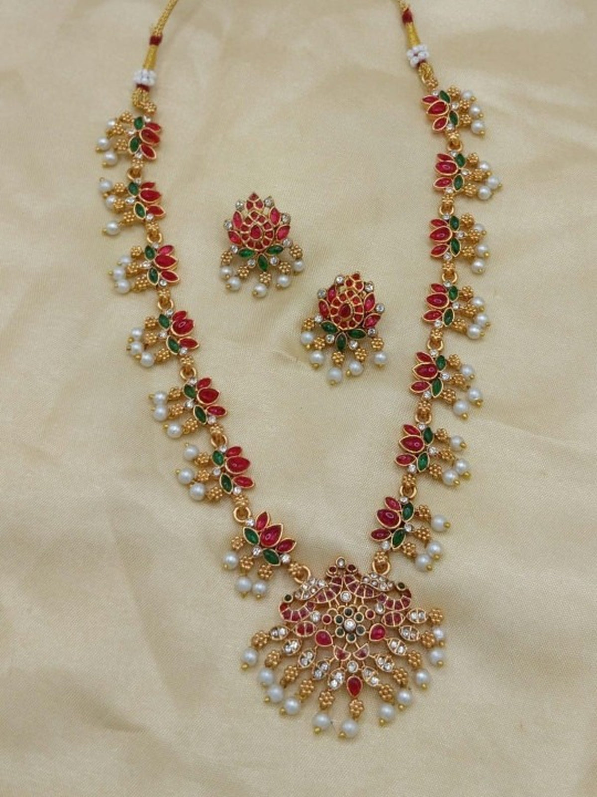 Jewel City Traditional Gold-Plated Red Green Pearl Necklace Set for Women | Ethnic Bridal Jewelry | Grocsy