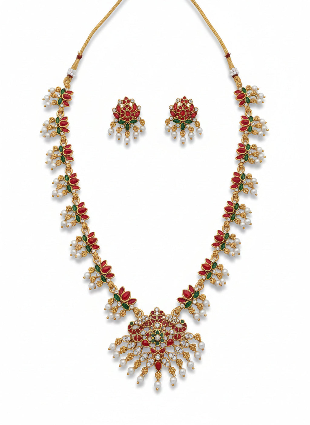 Jewel City Traditional Gold-Plated Red Green Pearl Necklace Set for Women | Ethnic Bridal Jewelry | Grocsy
