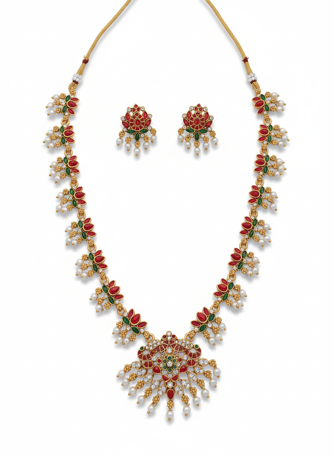 Jewel City Traditional Gold-Plated Red Green Pearl Necklace Set for Women | Ethnic Bridal Jewelry | Grocsy