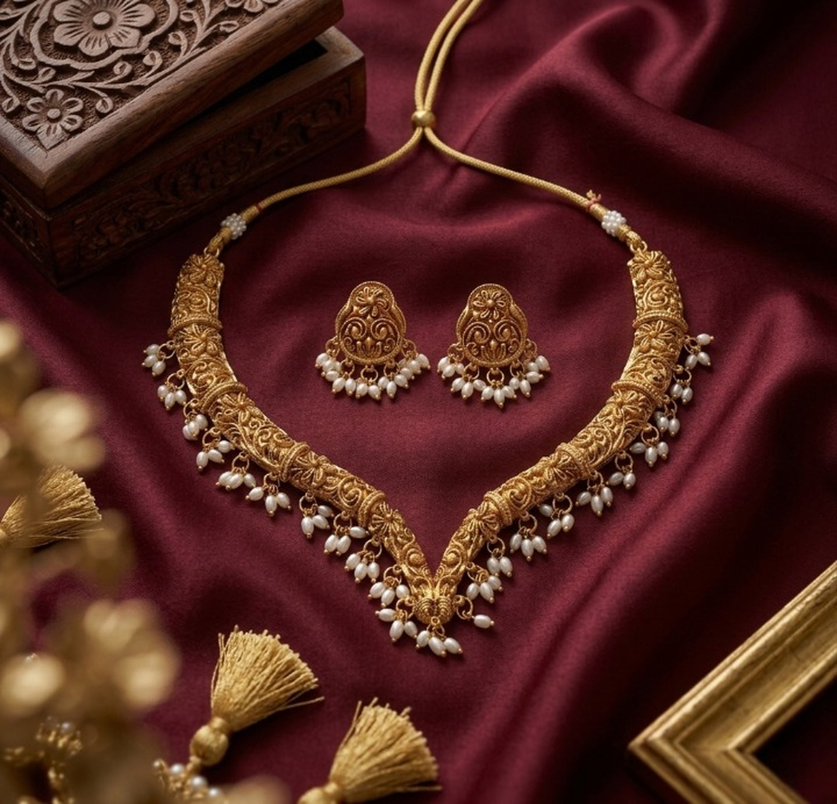 Jewel City Handcrafted Traditional Gold-Plated Choker Necklace Set with Pearl Drops - Ethnic Jewelry for Weddings | Grocsy