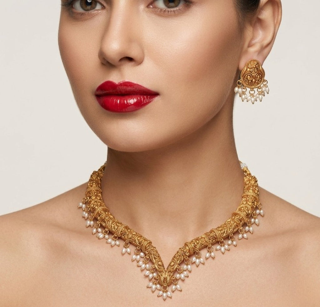 Jewel City Handcrafted Traditional Gold-Plated Choker Necklace Set with Pearl Drops - Ethnic Jewelry for Weddings | Grocsy