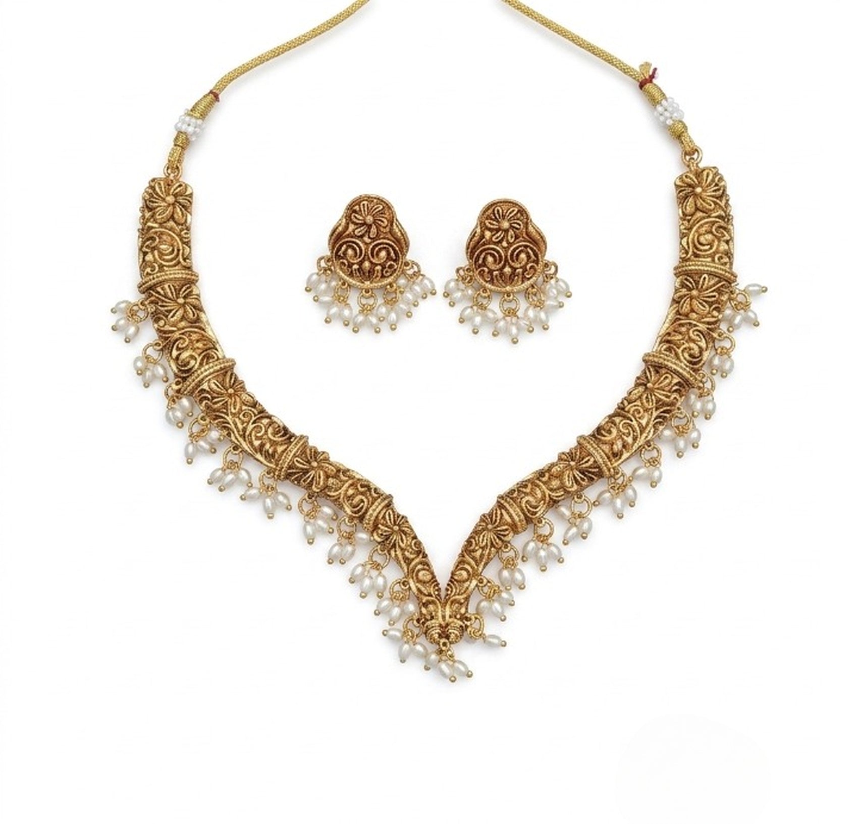 Jewel City Handcrafted Traditional Gold-Plated Choker Necklace Set with Pearl Drops - Ethnic Jewelry for Weddings | Grocsy