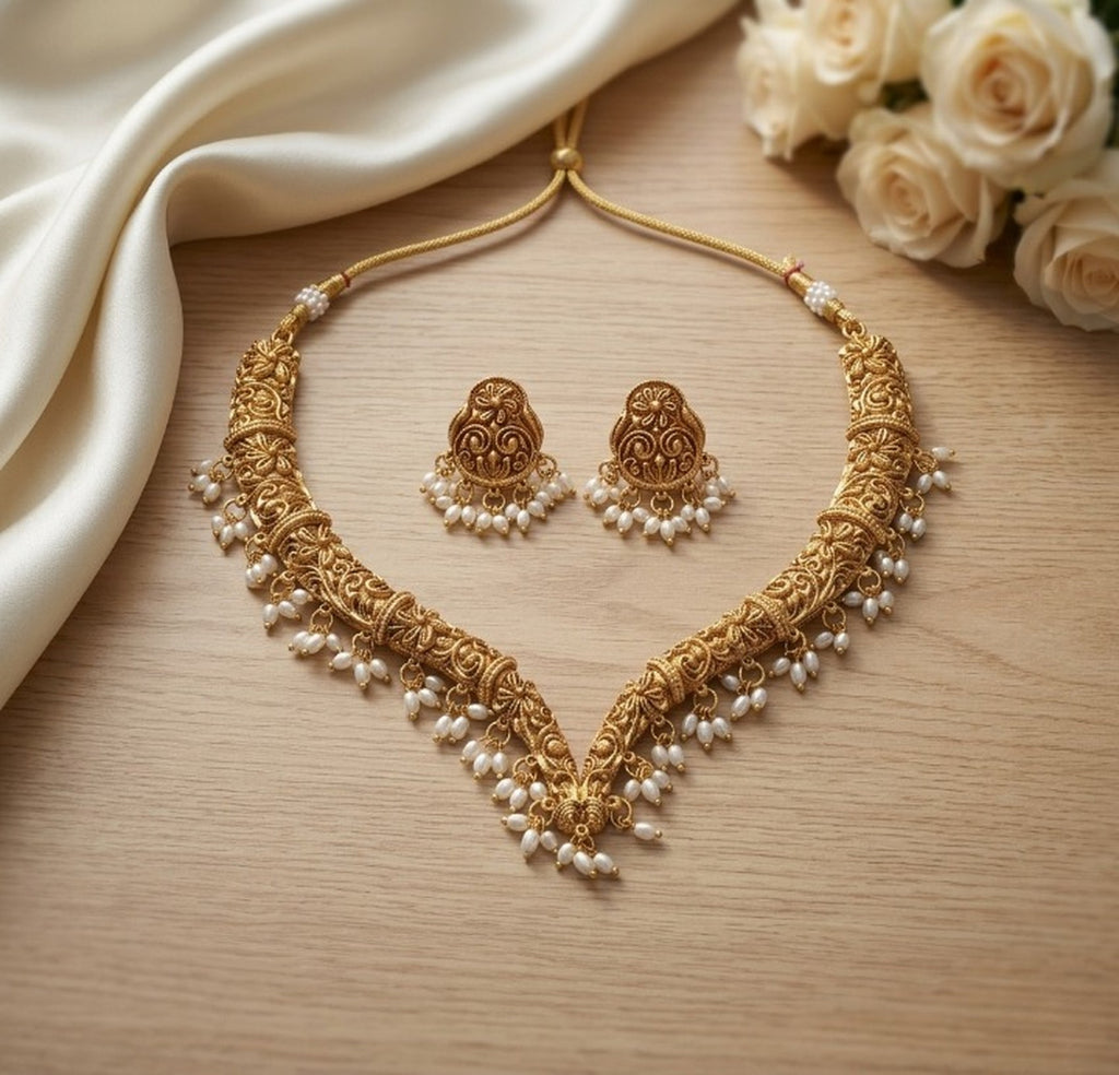 Jewel City Handcrafted Traditional Gold-Plated Choker Necklace Set with Pearl Drops - Ethnic Jewelry for Weddings | Grocsy
