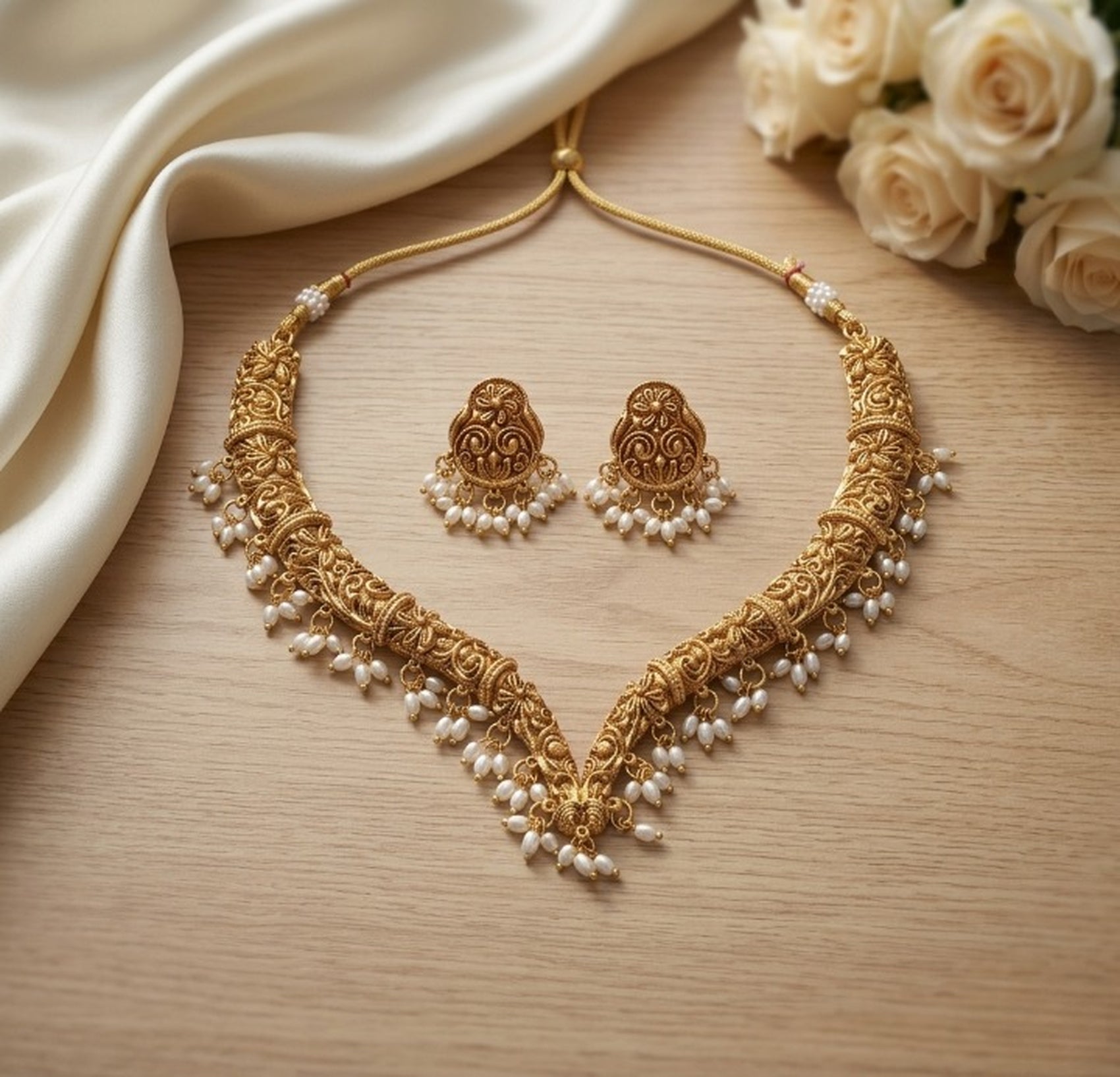 Jewel City Handcrafted Traditional Gold-Plated Choker Necklace Set with Pearl Drops - Ethnic Jewelry for Weddings | Grocsy