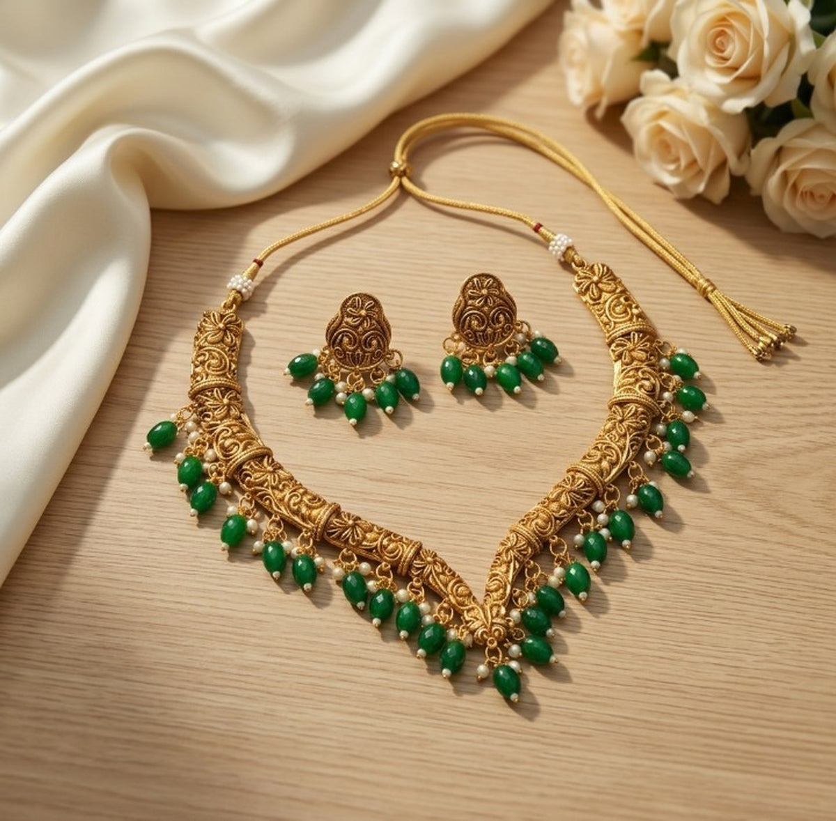 Jewel City Handcrafted Traditional Gold-Plated Choker Necklace Set with Pearl Drops - Ethnic Jewelry for Weddings | Grocsy