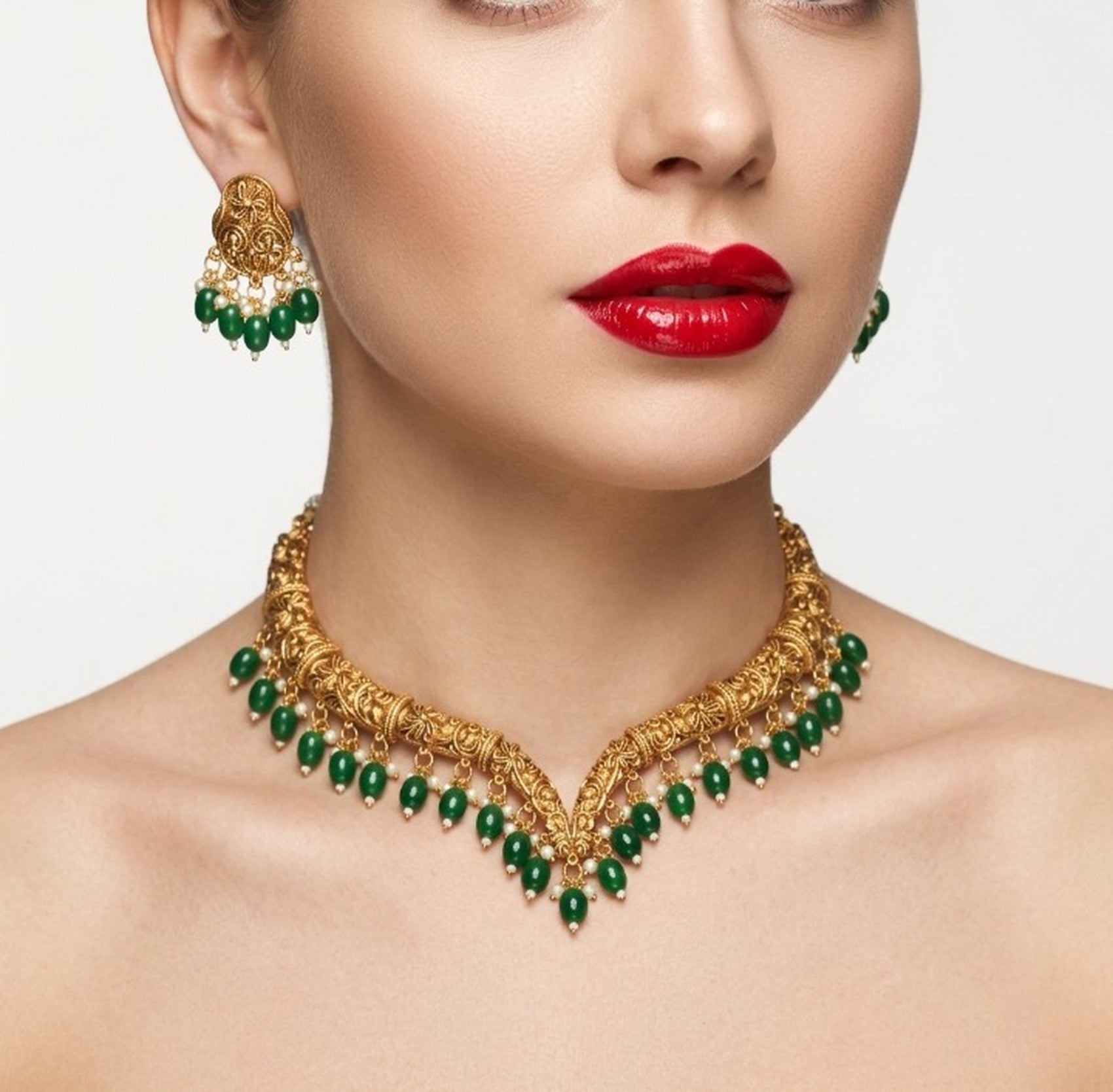 Jewel City Handcrafted Traditional Gold-Plated Choker Necklace Set with Pearl Drops - Ethnic Jewelry for Weddings | Grocsy
