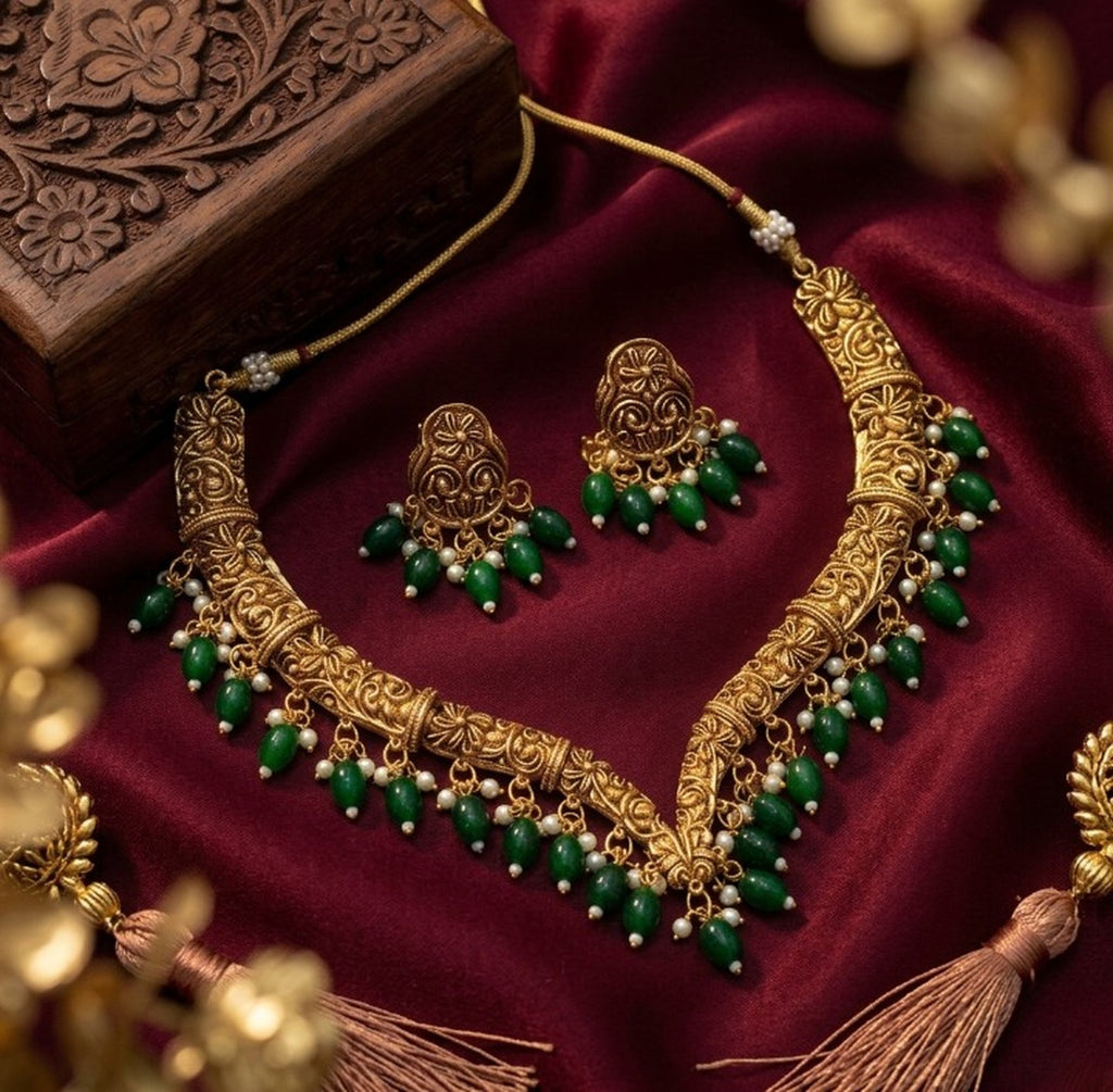 Jewel City Handcrafted Traditional Gold-Plated Choker Necklace Set with Pearl Drops - Ethnic Jewelry for Weddings | Grocsy