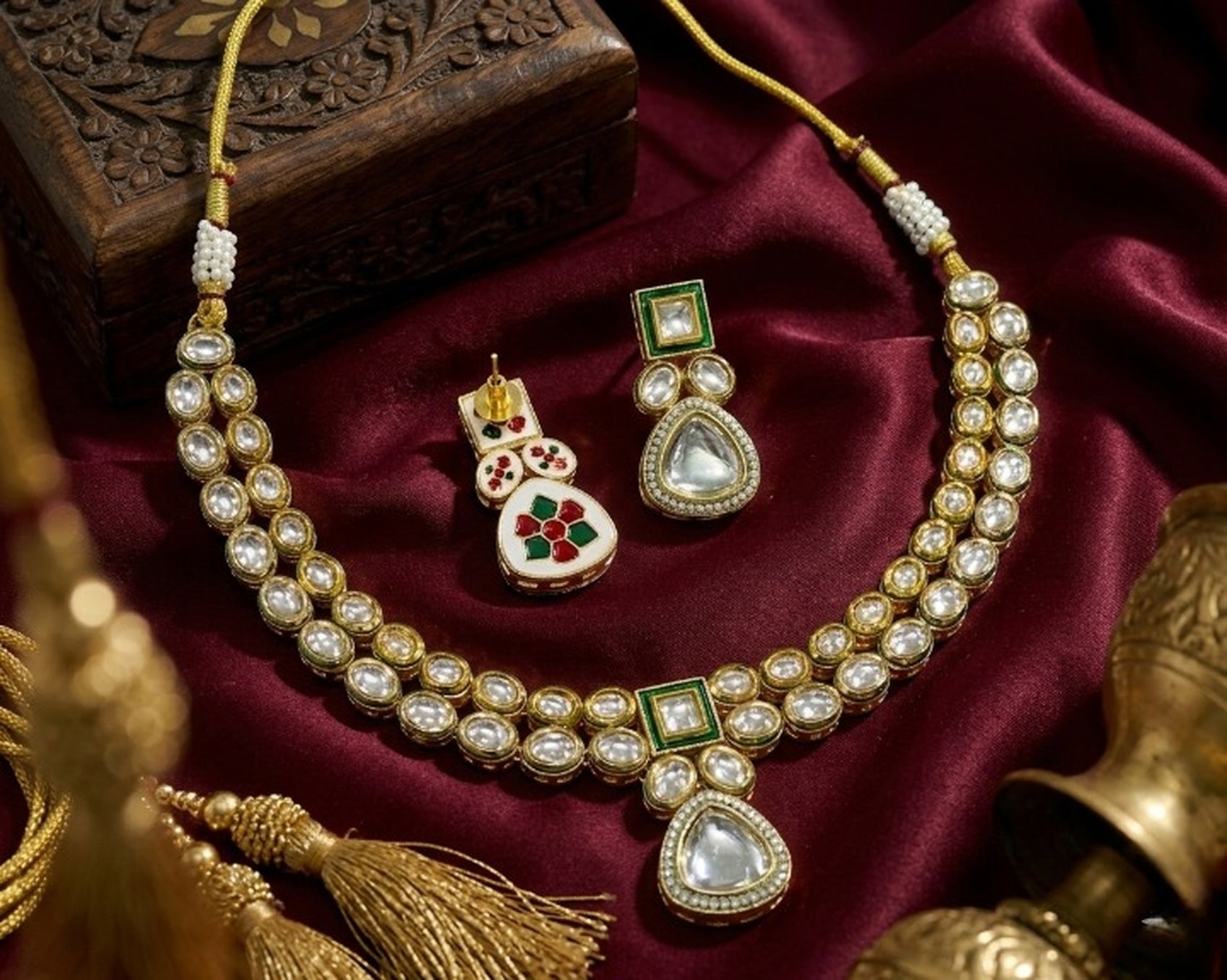 Jewel City Handcrafted Gold-Plated Kundan Choker Necklace Set with Earrings | Traditional Ethnic Indian Bridal Jewelry for Women | Grocsy
