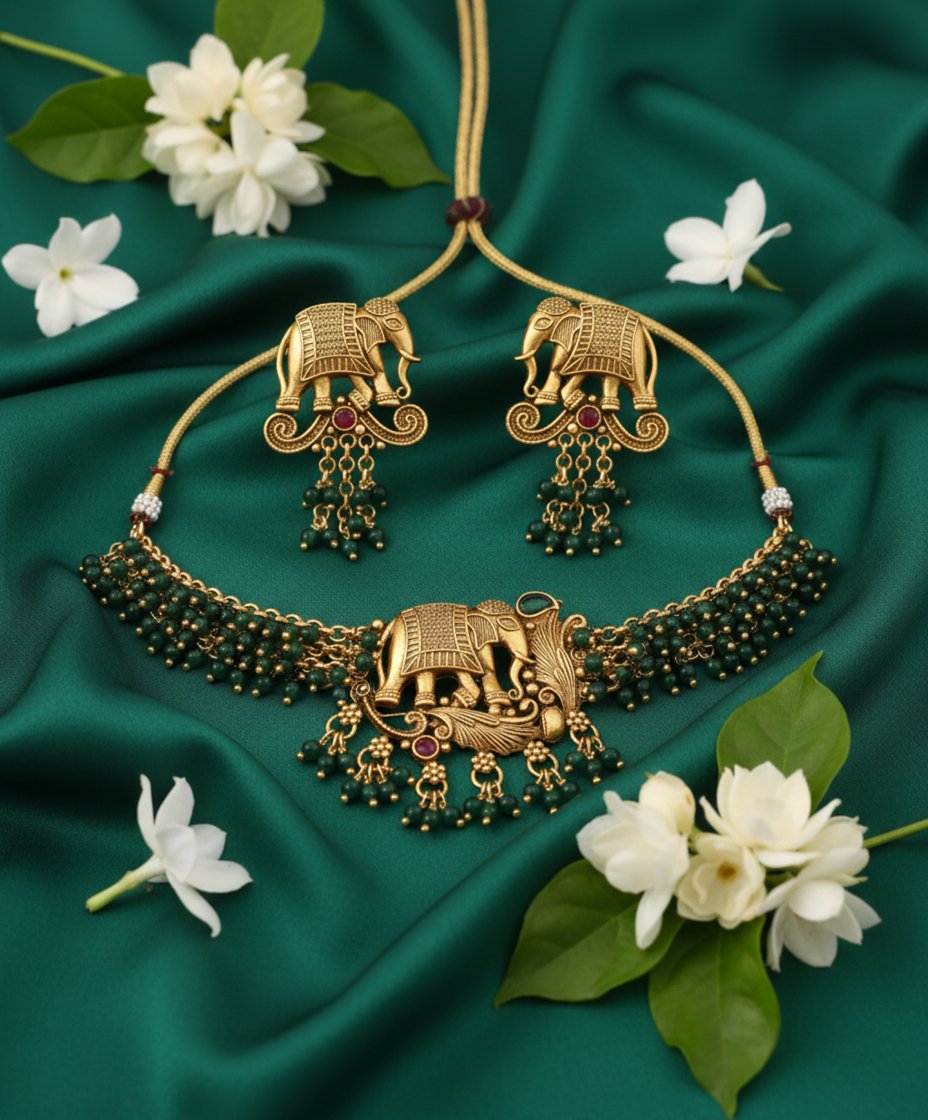 Jewel City Exquisite Handcrafted Elephant Motif Green Jewelry Set - Where Tradition Meets Elegance | Grocsy