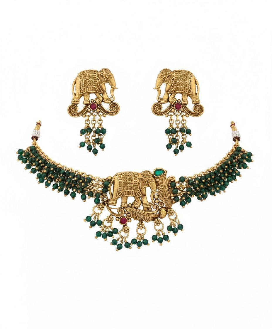 Jewel City Exquisite Handcrafted Elephant Motif Green Jewelry Set - Where Tradition Meets Elegance | Grocsy
