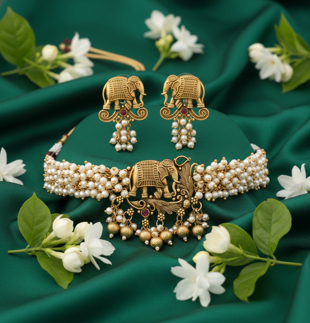 Jewel City Exquisite Handcrafted Elephant Motif White Pearl Jewelry Set - Where Tradition Meets Elegance | Grocsy