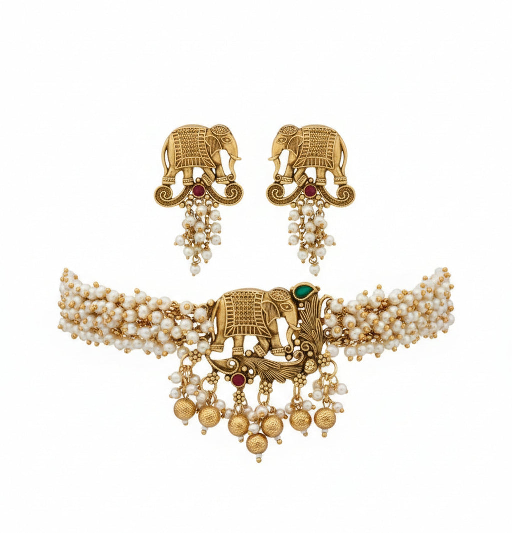 Jewel City Exquisite Handcrafted Elephant Motif White Pearl Jewelry Set - Where Tradition Meets Elegance | Grocsy