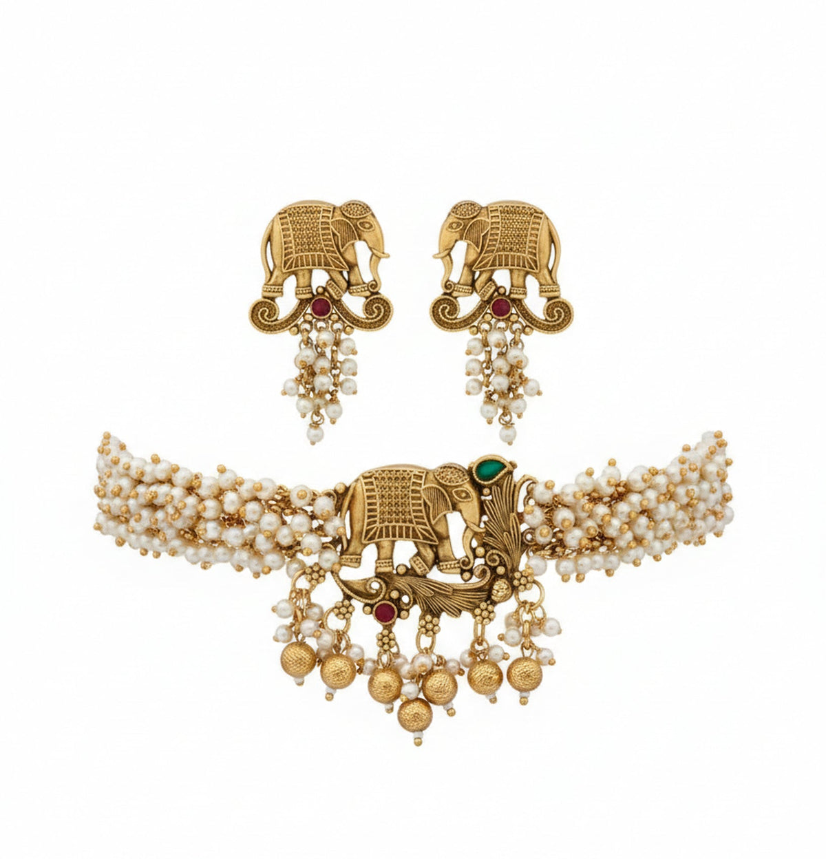 Jewel City Exquisite Handcrafted Elephant Motif White Pearl Jewelry Set - Where Tradition Meets Elegance | Grocsy