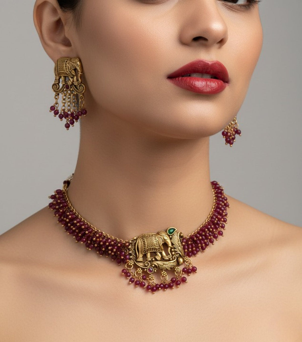 Jewel City Exquisite Handcrafted Elephant Motif Red Beaded Jewelry Set - Where Tradition Meets Elegance | Grocsy