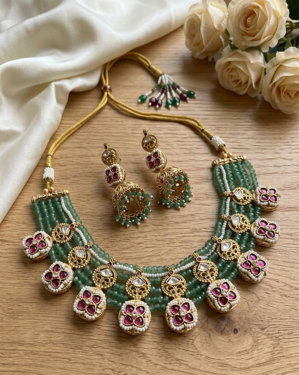 Jewel City Traditional Polki & Green Beaded Choker Necklace Set with Jhumka Earrings | Gold-Plated Ethnic Bridal Jewelry | Grocsy