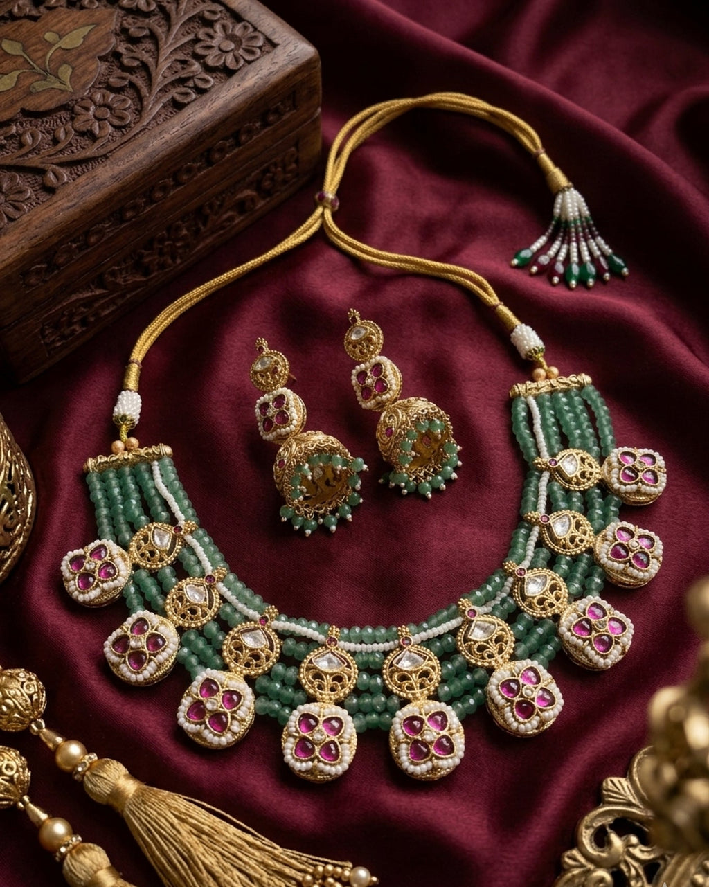 Jewel City Traditional Polki & Green Beaded Choker Necklace Set with Jhumka Earrings | Gold-Plated Ethnic Bridal Jewelry | Grocsy