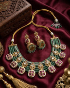 Jewel City Traditional Polki & Green Beaded Choker Necklace Set with Jhumka Earrings | Gold-Plated Ethnic Bridal Jewelry | Grocsy