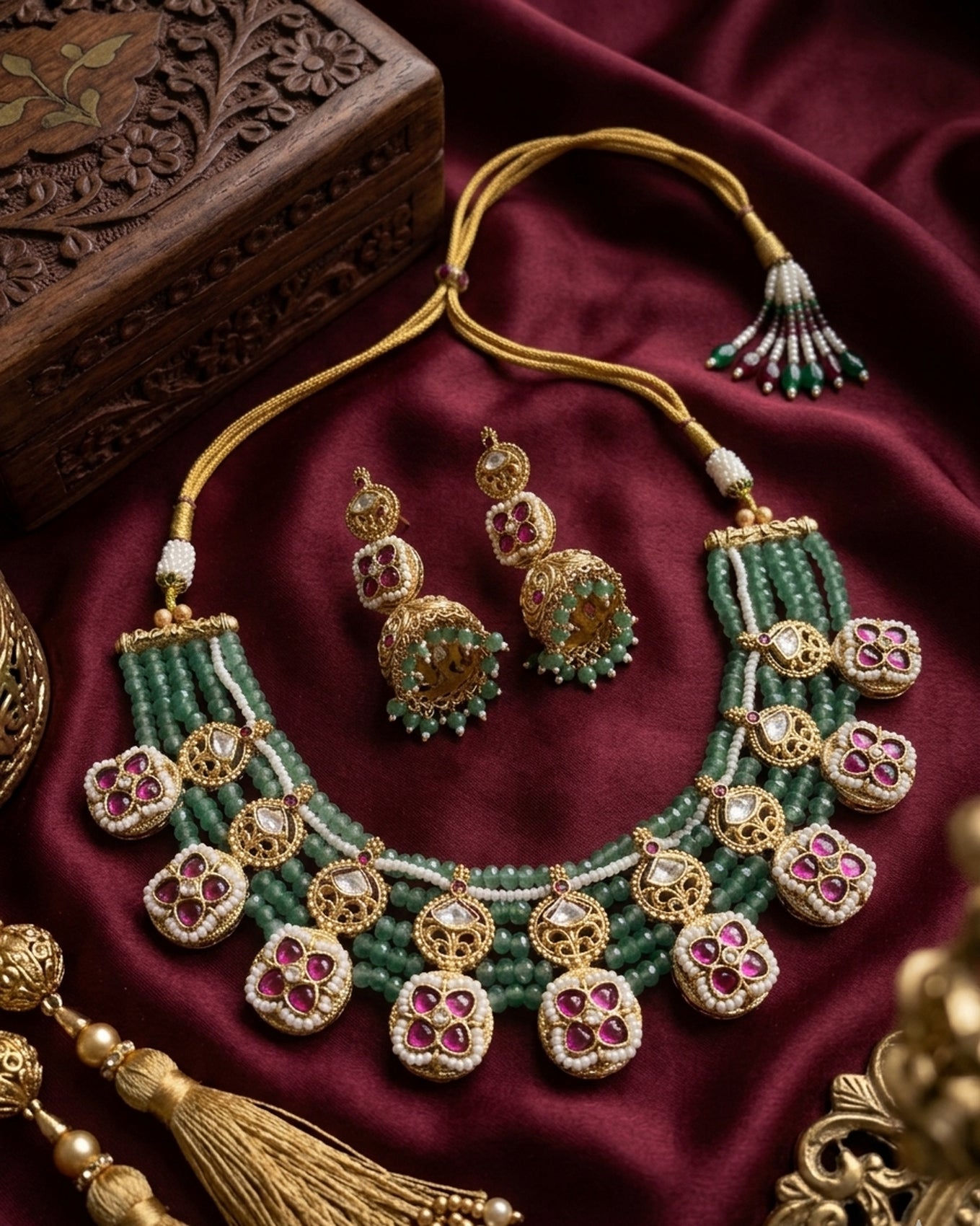 Jewel City Traditional Polki & Green Beaded Choker Necklace Set with Jhumka Earrings | Gold-Plated Ethnic Bridal Jewelry | Grocsy