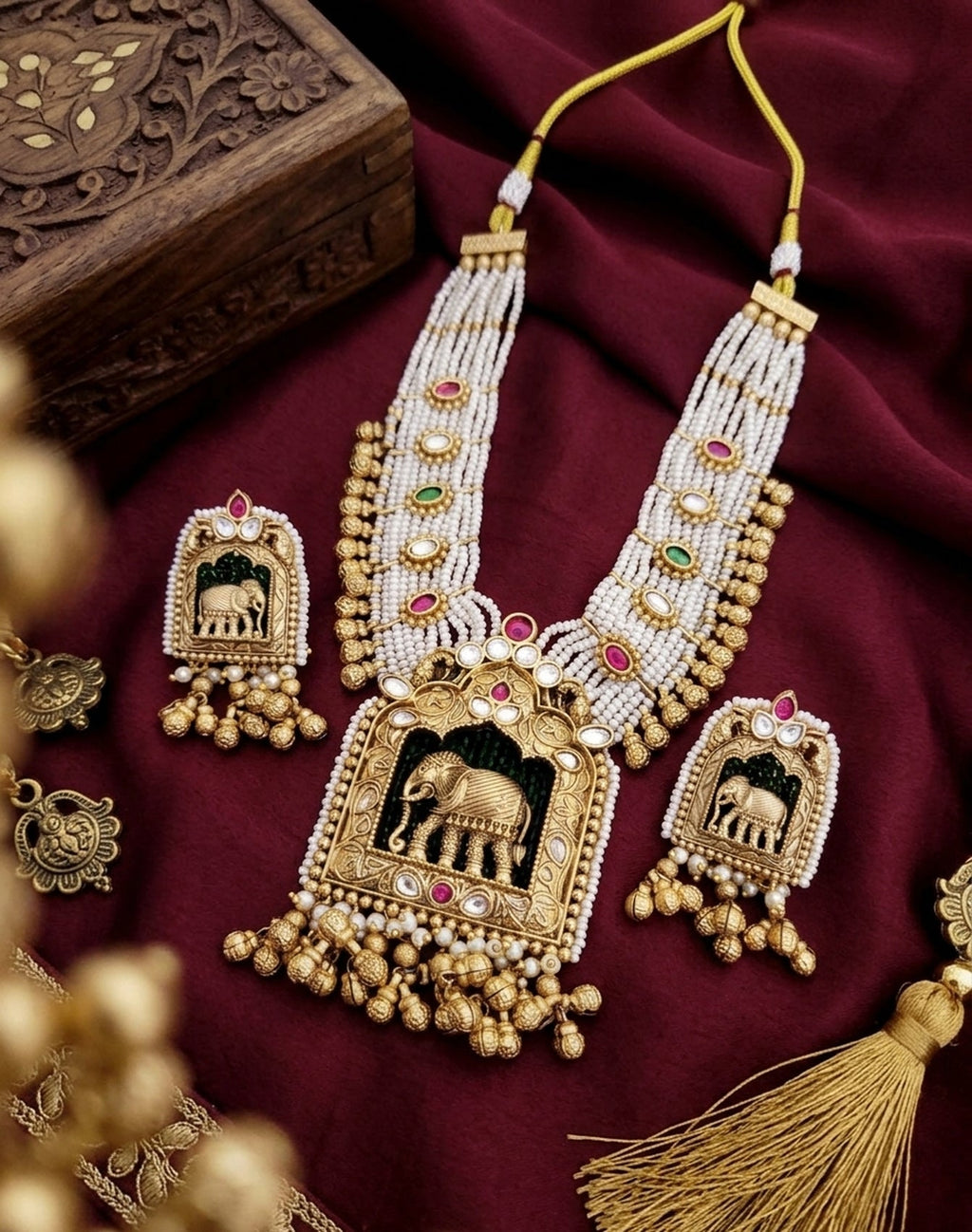 Jewel City Handcrafted Elephant Motif Gold-Plated Pearl Necklace Set - Traditional Ethnic Jewelry for Weddings & Festivals | Grocsy