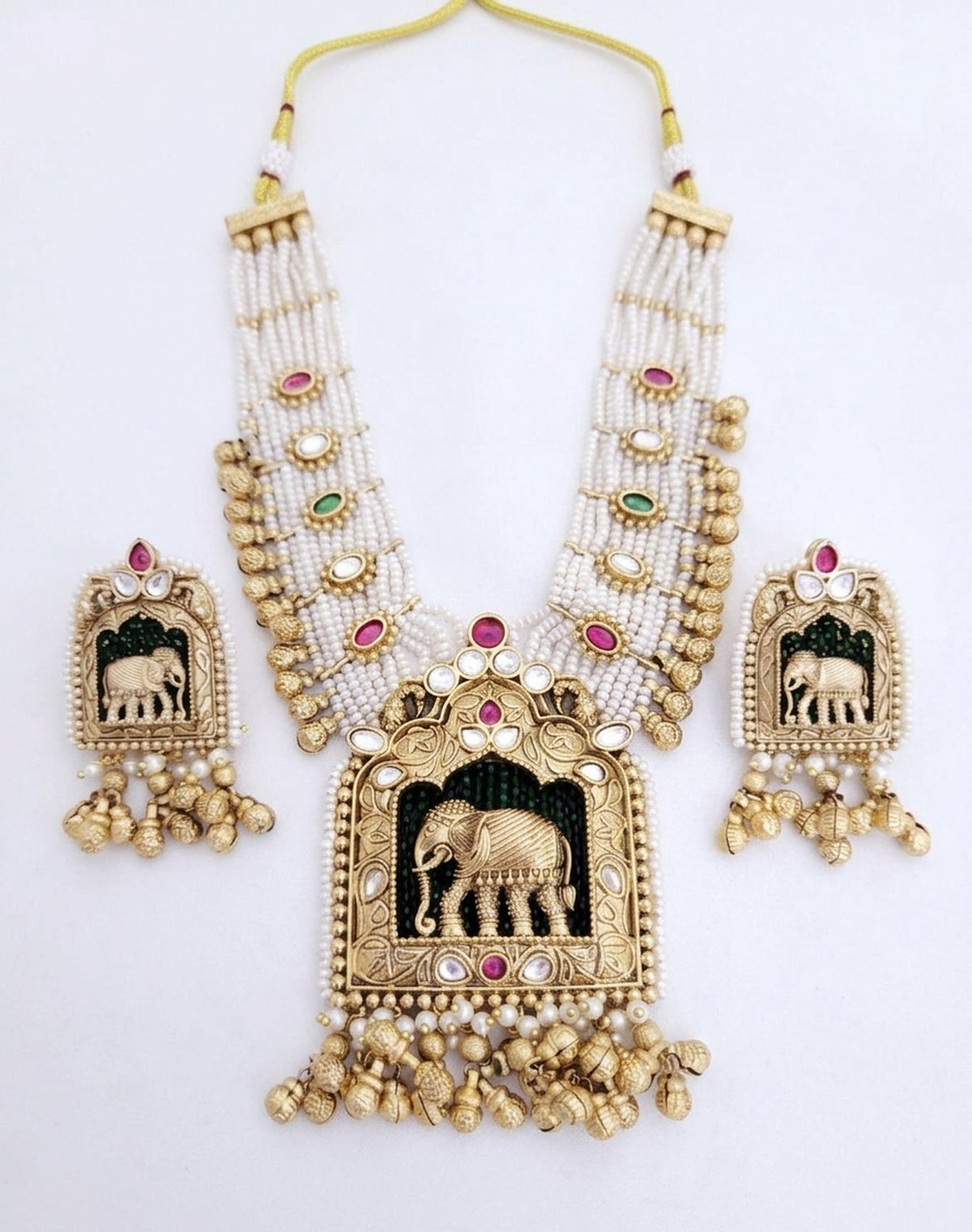 Jewel City Handcrafted Elephant Motif Gold-Plated Pearl Necklace Set - Traditional Ethnic Jewelry for Weddings & Festivals | Grocsy