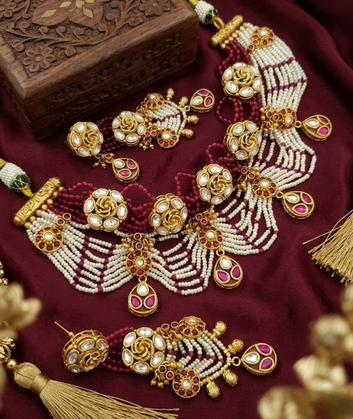 Jewel City Handcrafted Kundan & Ruby Bead Choker Set | Traditional Indian Gold-Plated Bridal Jewelry | Grocsy