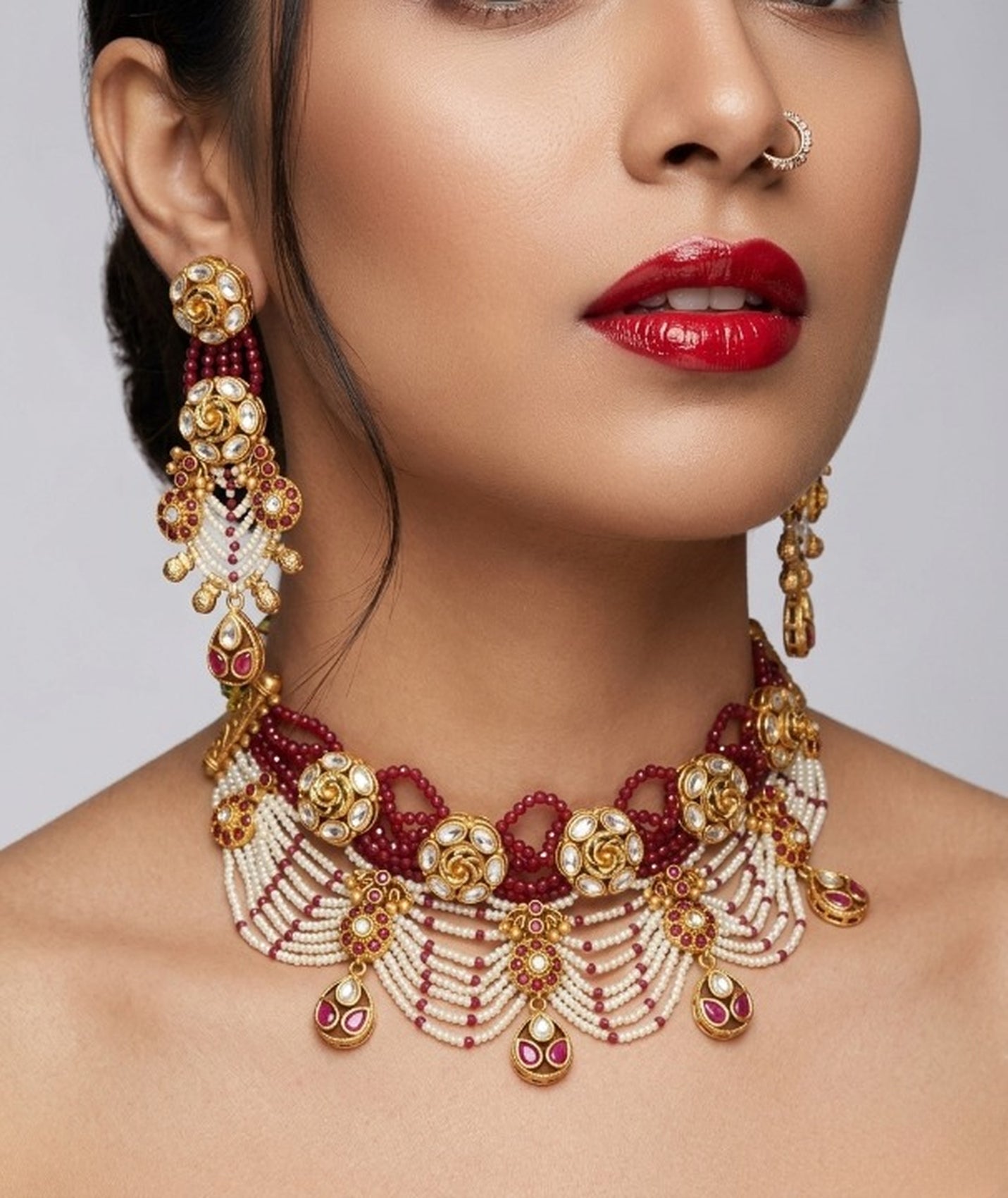 Jewel City Handcrafted Kundan & Ruby Bead Choker Set | Traditional Indian Gold-Plated Bridal Jewelry | Grocsy