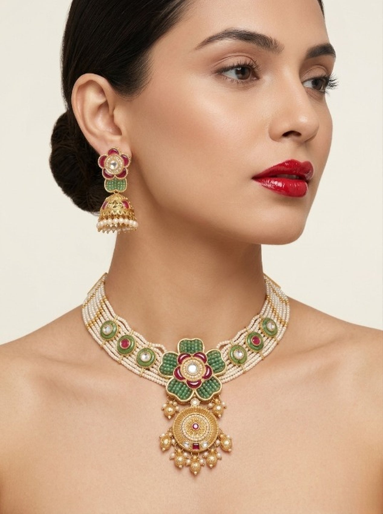 Jewel City Antique Gold-Plated Kundan Pearl Bridal Necklace Set with Jhumka | Traditional Ethnic Jewelry | Grocsy