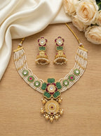 Jewel City Antique Gold-Plated Kundan Pearl Bridal Necklace Set with Jhumka | Traditional Ethnic Jewelry | Grocsy