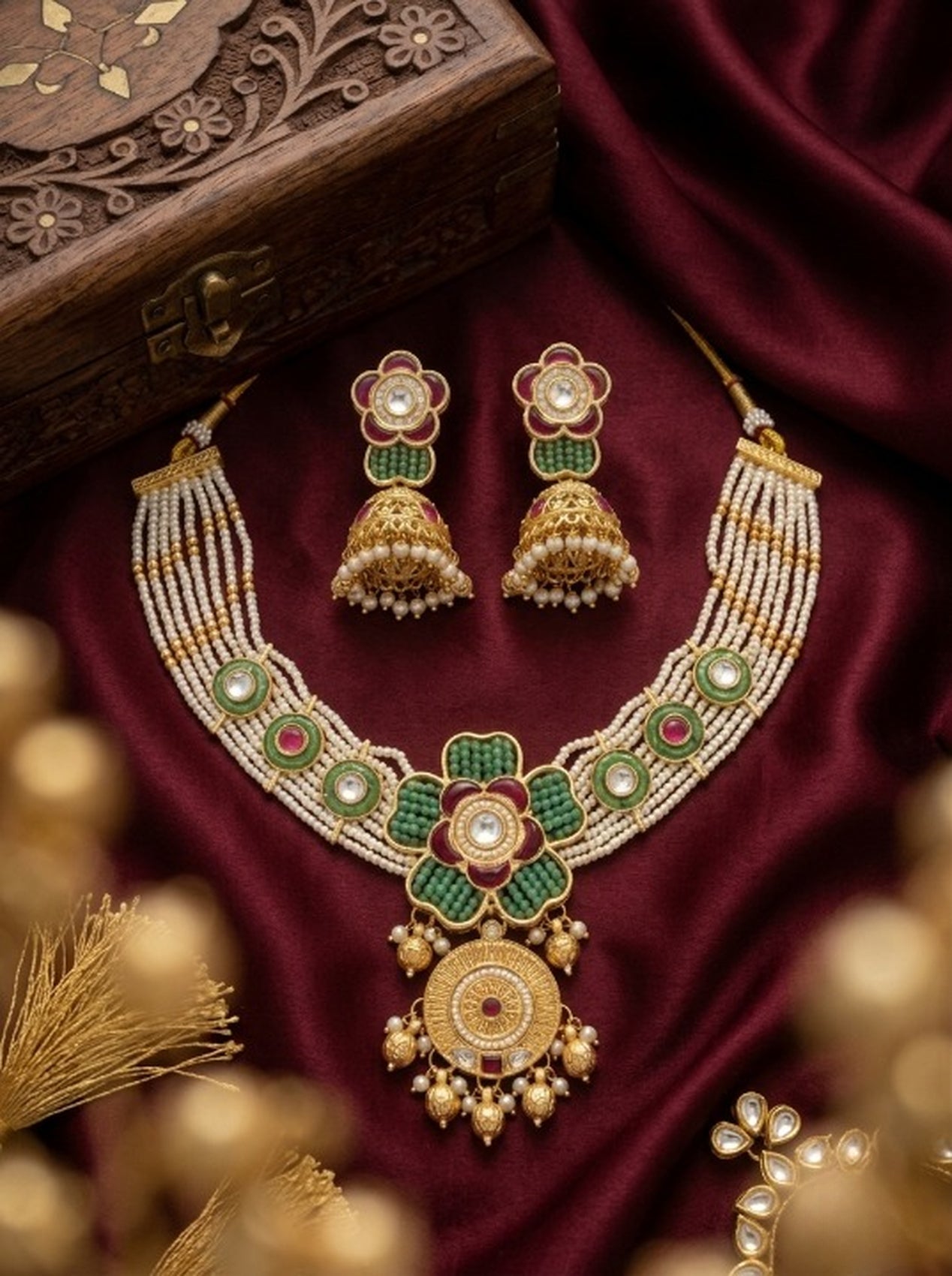 Jewel City Antique Gold-Plated Kundan Pearl Bridal Necklace Set with Jhumka | Traditional Ethnic Jewelry | Grocsy
