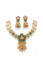 Jewel City Antique Gold-Plated Kundan Pearl Bridal Necklace Set with Jhumka | Traditional Ethnic Jewelry | Grocsy