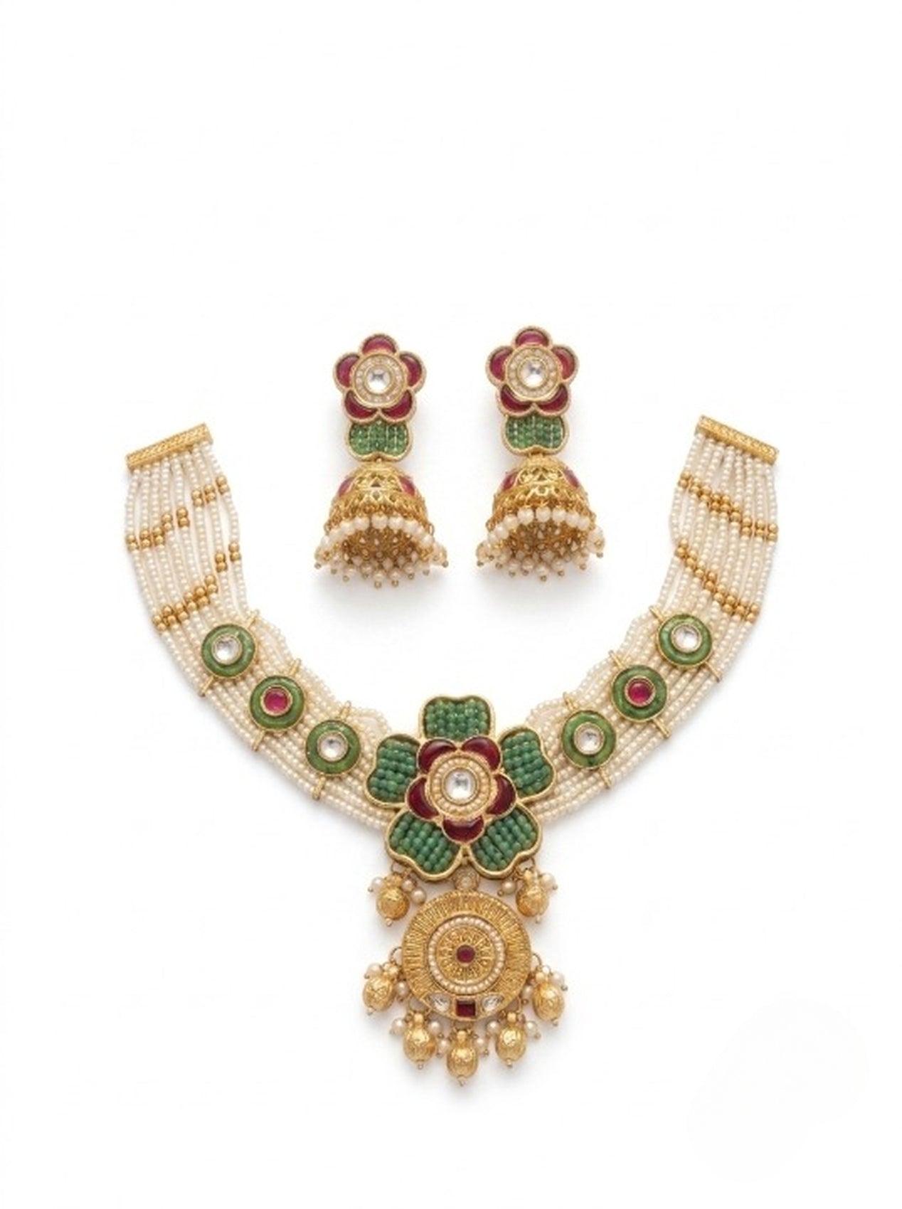 Jewel City Antique Gold-Plated Kundan Pearl Bridal Necklace Set with Jhumka | Traditional Ethnic Jewelry | Grocsy