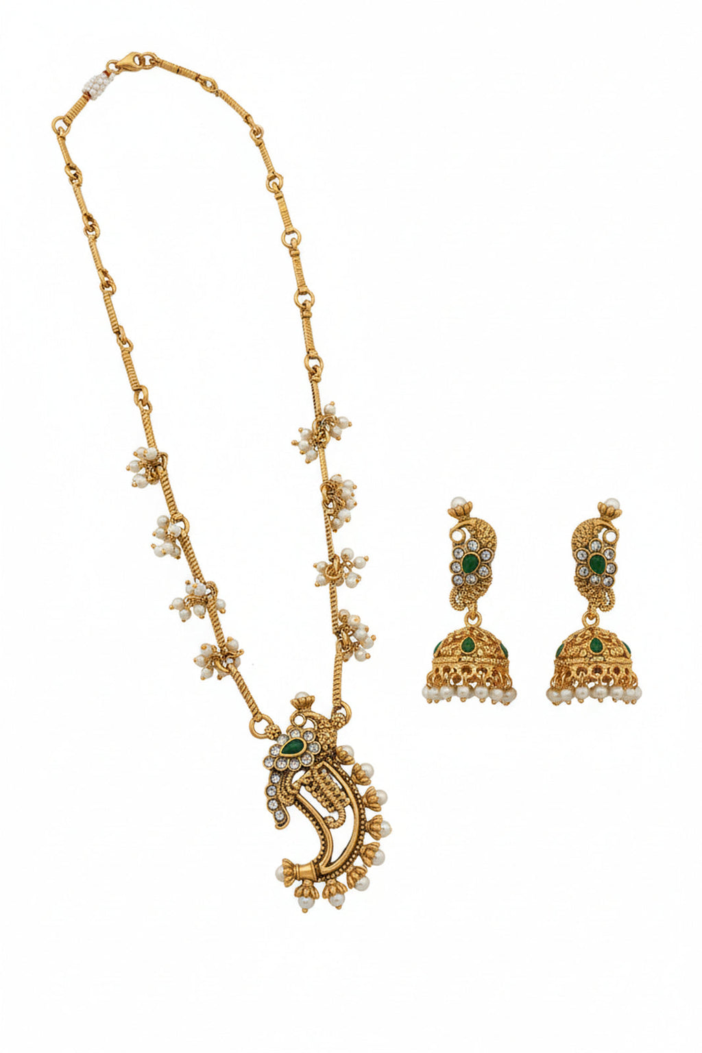 Jewel City Traditional Temple Gold-Plated Peacock Necklace Set with Pearls & Jhumka Earrings | Grocsy