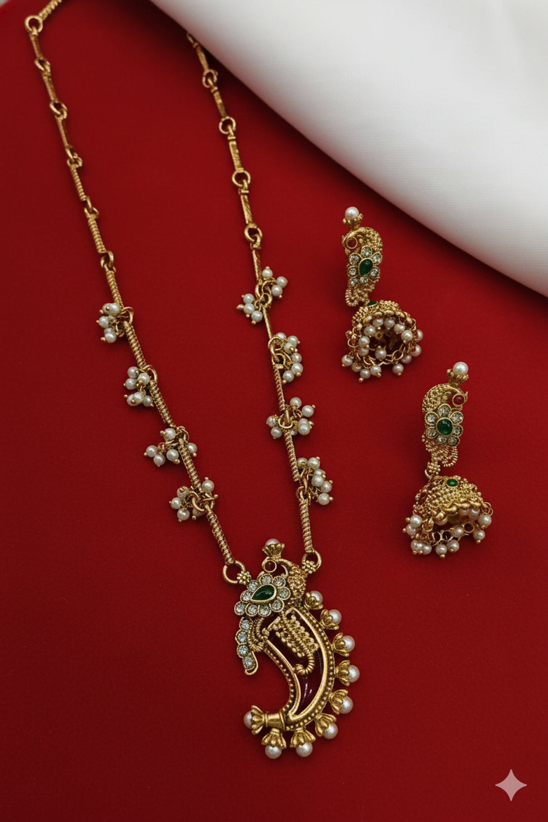 Jewel City Traditional Temple Gold-Plated Peacock Necklace Set with Pearls & Jhumka Earrings | Grocsy