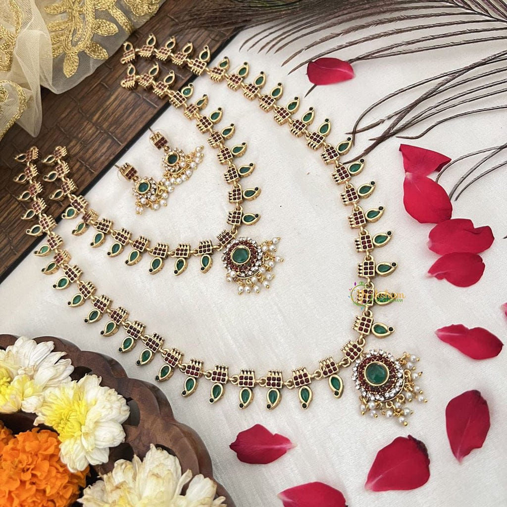 Jewel City Traditional Gold-Plated Green Stone Long Haram Necklace Set for Women & Brides | Grocsy