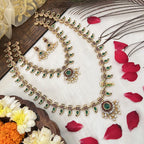 Jewel City Traditional Gold-Plated Green Stone Long Haram Necklace Set for Women & Brides | Grocsy