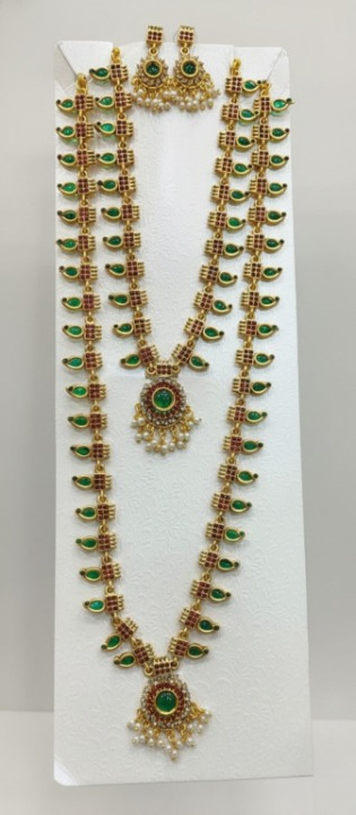 Jewel City Traditional Gold-Plated Green Stone Long Haram Necklace Set for Women & Brides | Grocsy